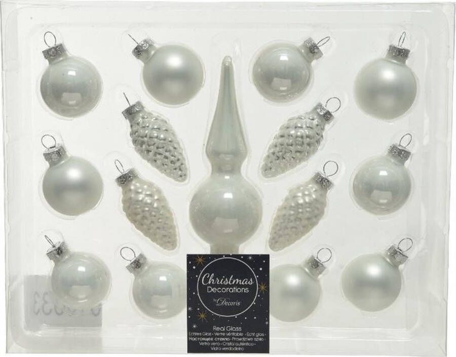 Decoris Winter witte glazen kerstballen 3 cm en piek set voor mini kerstboom 15-dlg Kerstversiering kerstboomversiering winter wit