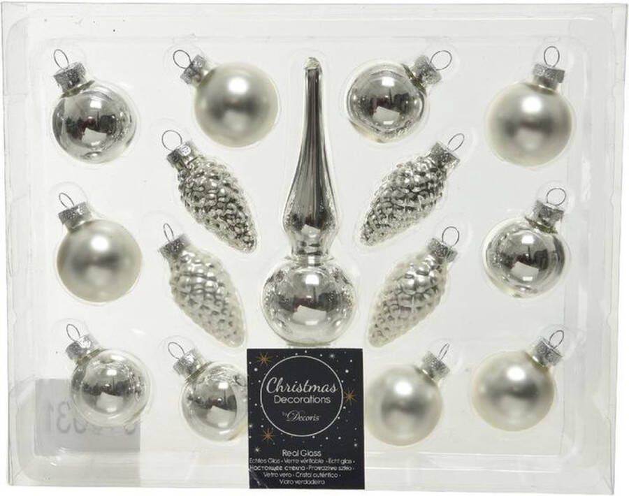 Decoris Zilveren glazen kerstballen 3 cm en piek set voor mini kerstboom 15-dlg Kerstversiering kerstboomversiering zilver