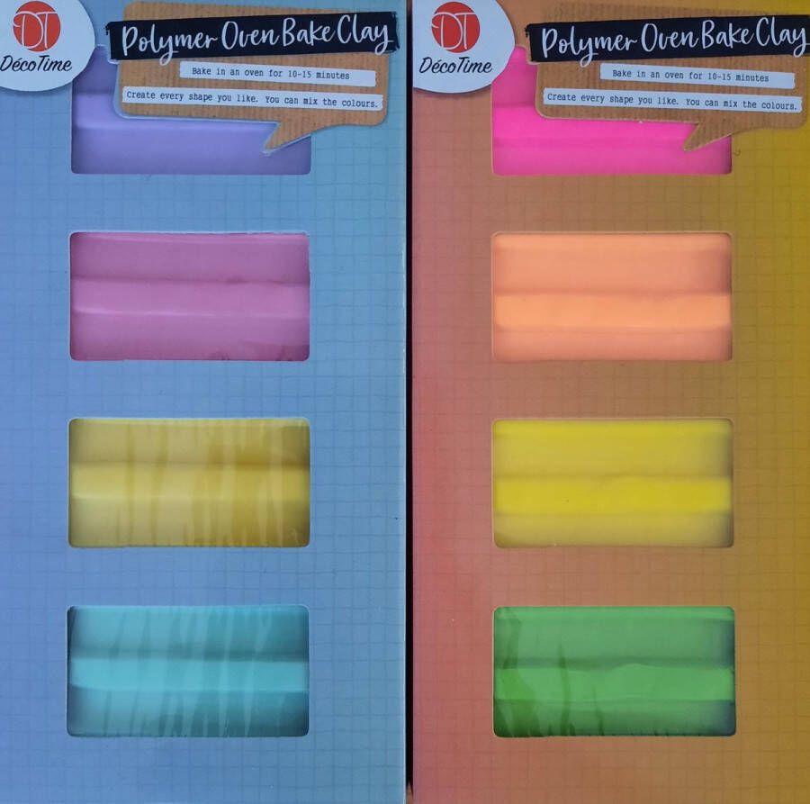 Decotime Afbakklei Polymeer afbakklei 2 pakjes met 4 kleuren neon en pastel mint roze geel lila boetseerklei klei