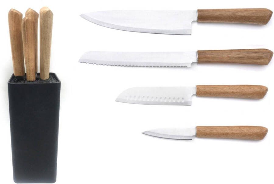 Deglon Déglon Keo Luxe Messenblok met Acaciahouten Handvatten Chef & Broodmes Santokumes & Schilmes Inbegrepen