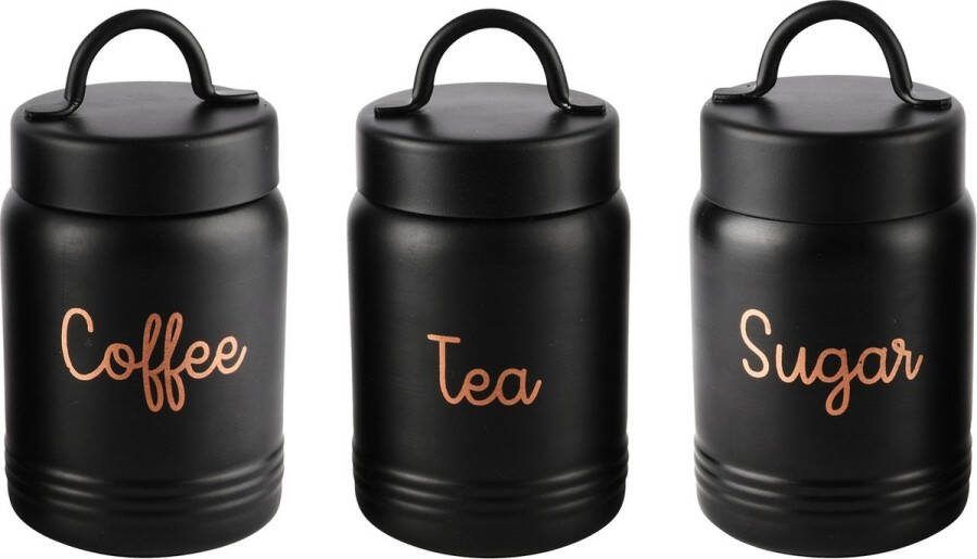 Dekoratief Bewaarpot 'Coffee Tea Sugar' zwart metaal 9x9x14cm set van 3 stuks A248229
