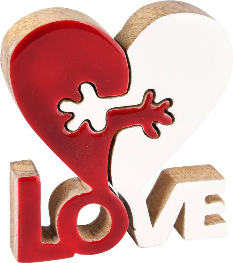 Dekoratief Deco hart 'LOVE' puzzel wit rood naturel hout 14x11x3cm A238127