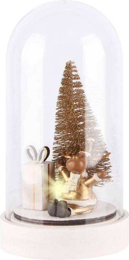 Dekoratief Globe stolp met Rudolf rendier en kerstboom boom Wit creme bruin goud met LED verlichting ø11 x 21 cm hoog.