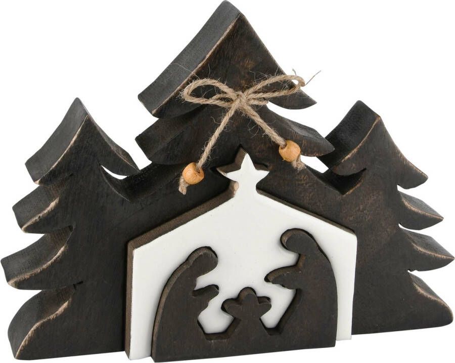 Dekoratief Kerststal puzzel wit zwart hout 22x17x4cm A228060