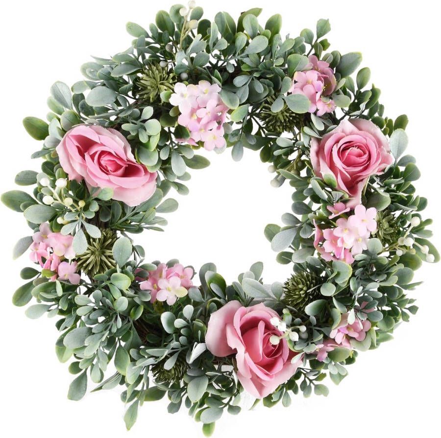 Dekoratief Krans m bloemen groen roze naturel 27x27x6cm A230158