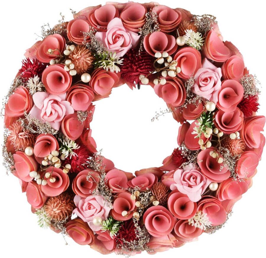 Dekoratief Krans m bloemen roze groen pvc hout 33x33x7cm A230805