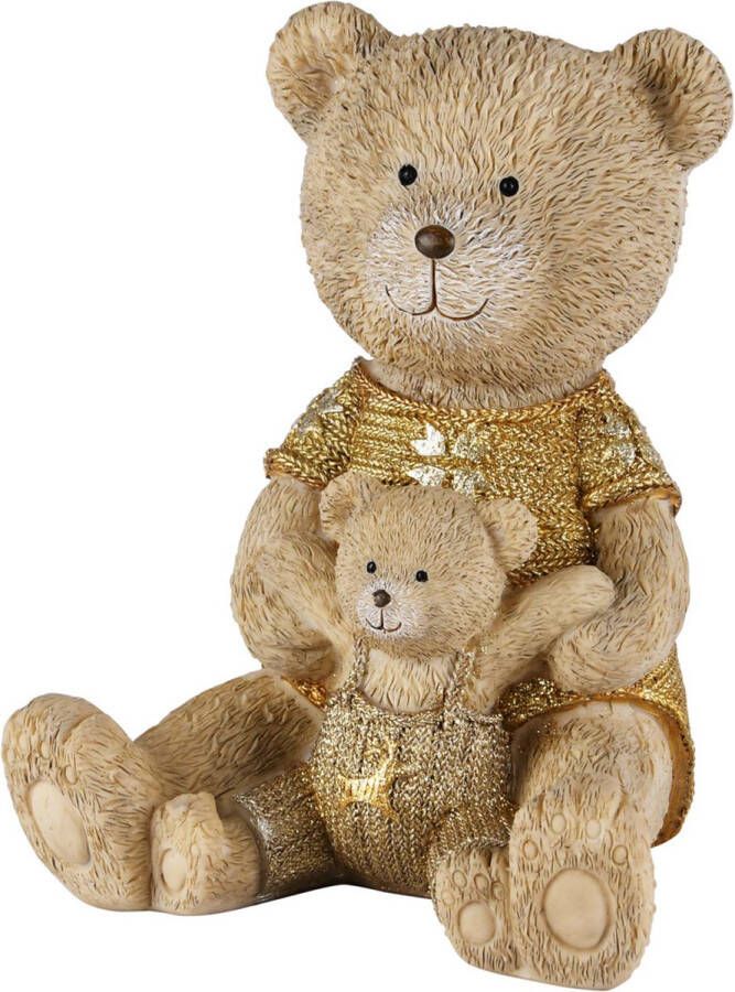 Dekoratief Mamabeer met babybeer beer dier Wit beige bruin goud 13 x 12 x 16 cm hoog.