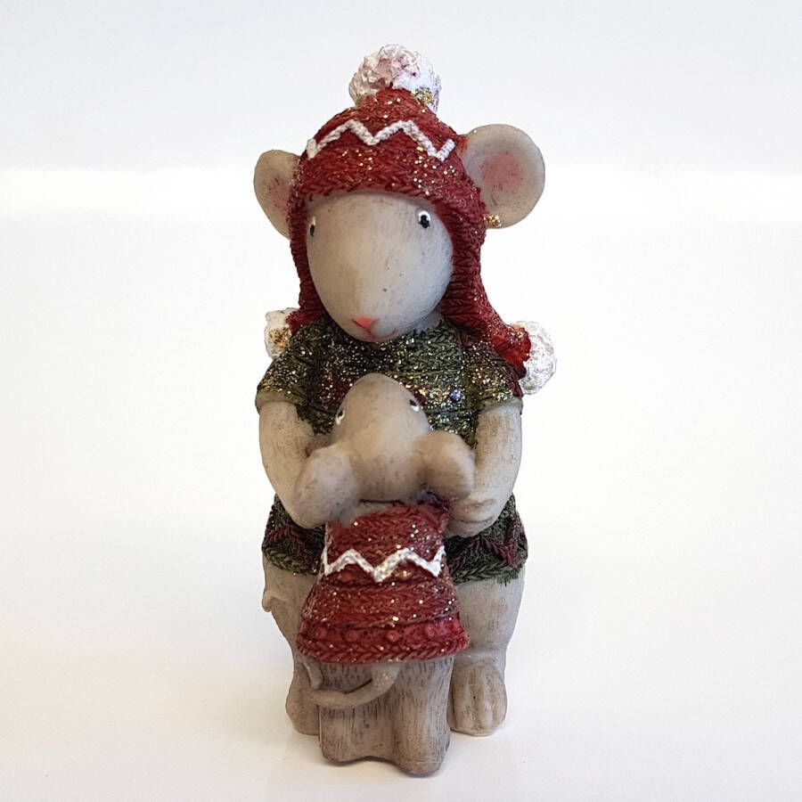 Dekoratief Mamamuis muis dier met kind Wit grijs groen rood 6 x 5 x 10 cm hoog.