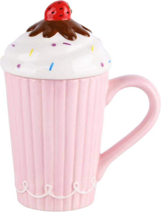 Dekoratief Mok m deksel milkshake wit roze keramiek 13x9x18cm A220414