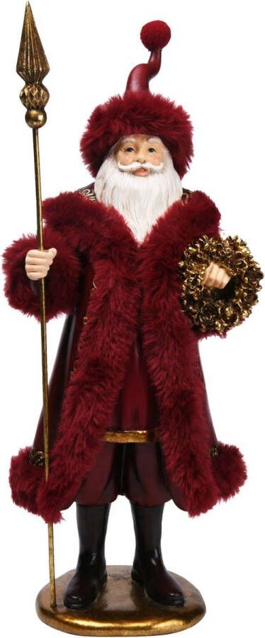 Dekoratief Santa staand m staf krans rood goud resina 15x11x38cm A225651