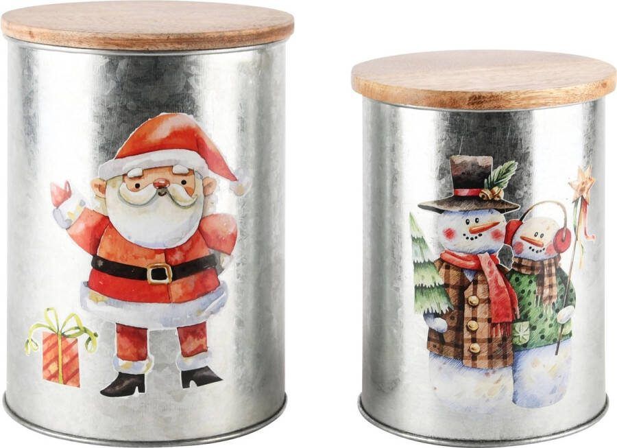Dekoratief Set 2 bewaarpotten 'Santa Snowman' hout metaal 12x12x16cm A248234
