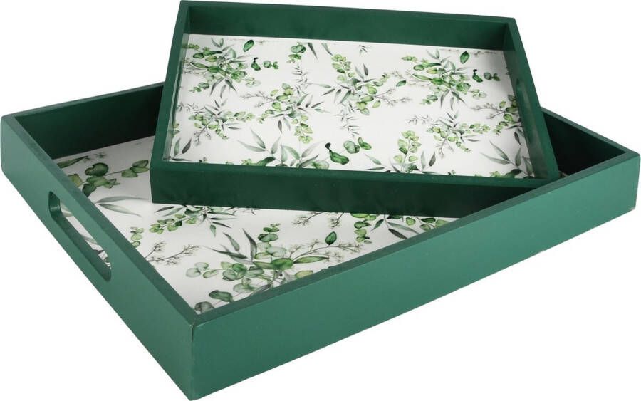 Dekoratief Set 2 dienbladen 'Leaves' groen wit hout 40x30x5cm A230662