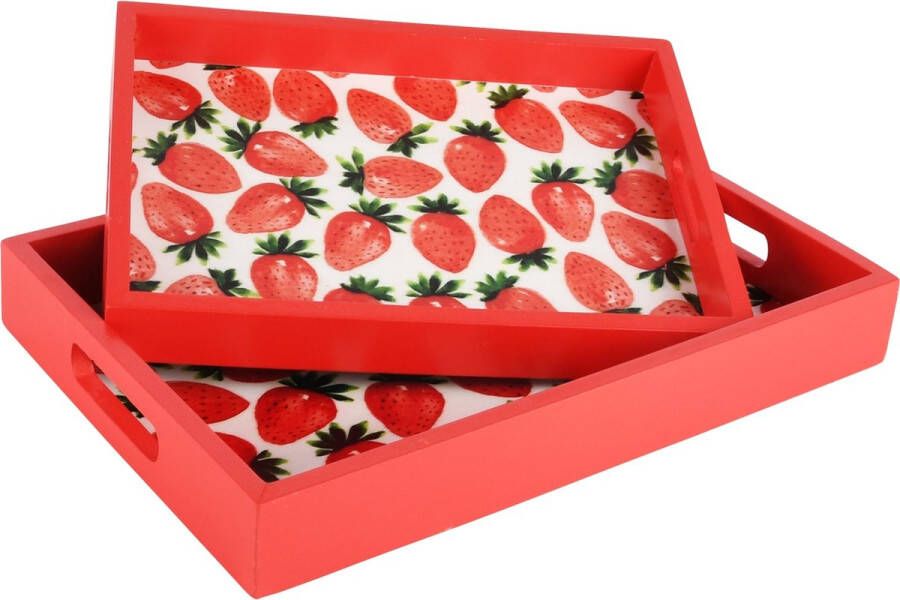Dekoratief Set 2 dienbladen 'Strawberries' rood wit hout 30x22x4cm A230663