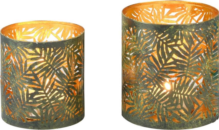 Dekoratief Set 2 Waxinelichthouders 'Palm Leaves' groen goud metaal 13x13x13cm A238165