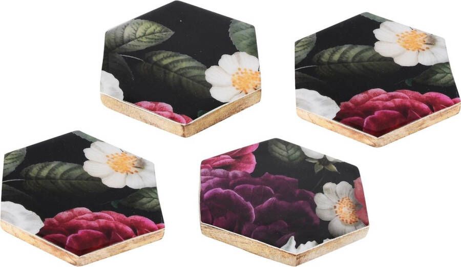 Dekoratief Set 4 coaster 'Flowers Opulence' hout 10x10x1cm A228097