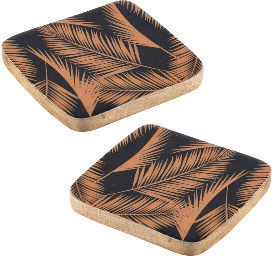 Dekoratief Set 4 coaster 'Palm Leaves' zwart goud hout 10x10cm A218264