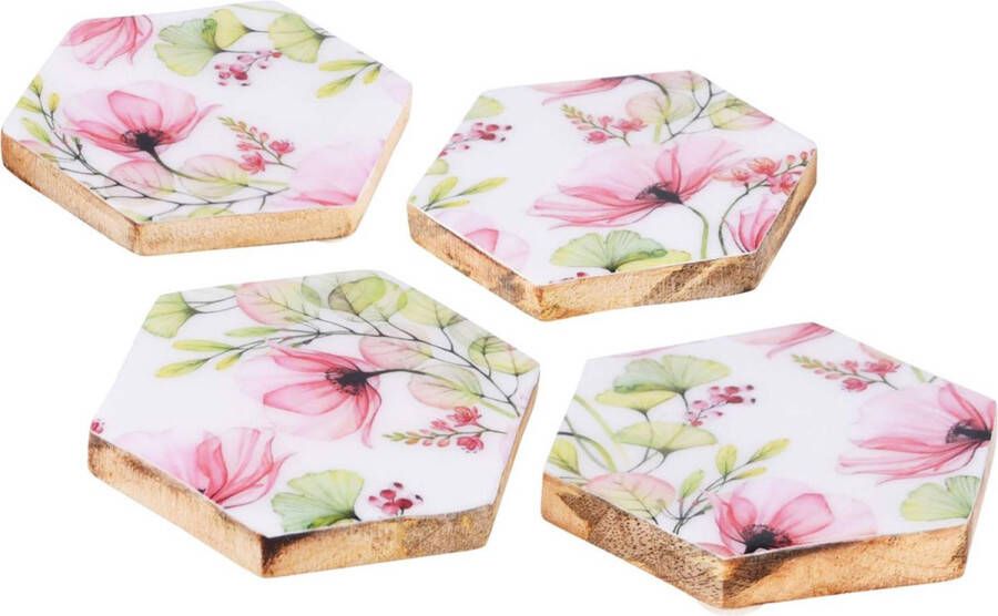 Dekoratief Set 4 coasters 'Blooming' hout email 10x10x1cm A220836