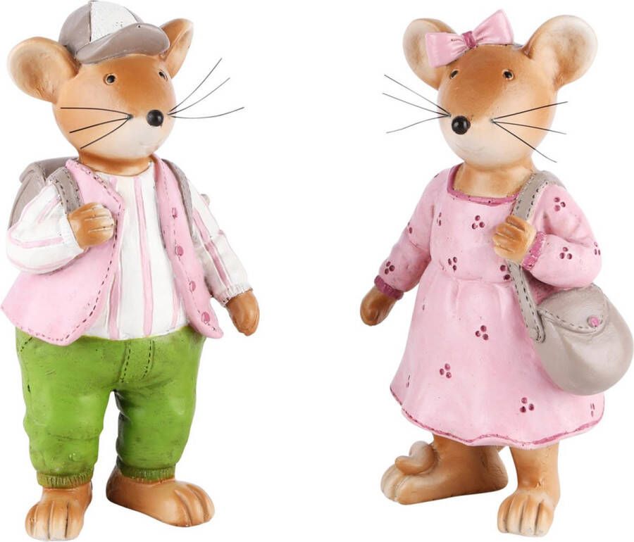 Dekoratief Set van 2 muizen muis muizen met rugzak en tas Roze groen creme wit 7 x 7 x 15 cm hoog.