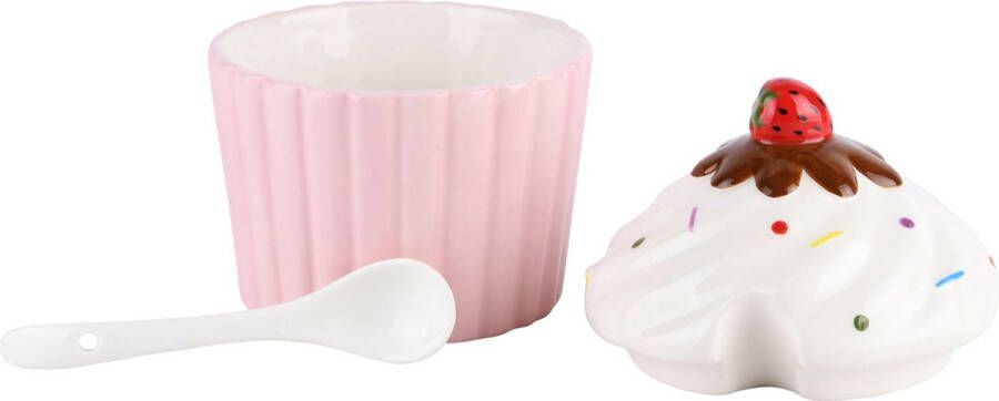 Dekoratief Suikerpotje m lepel milkshake wit roze keramiek 10x10x13cm A220415