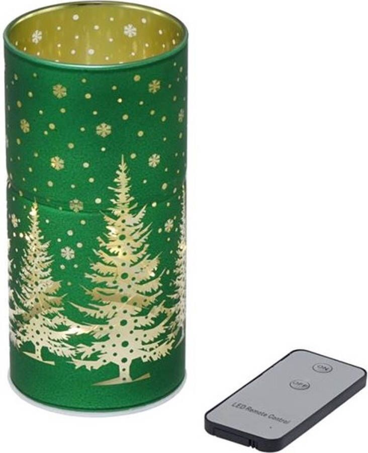 Dekoratief Waxinelichthouder m dennenbomen groen glas LED 8x8x17cm A239010