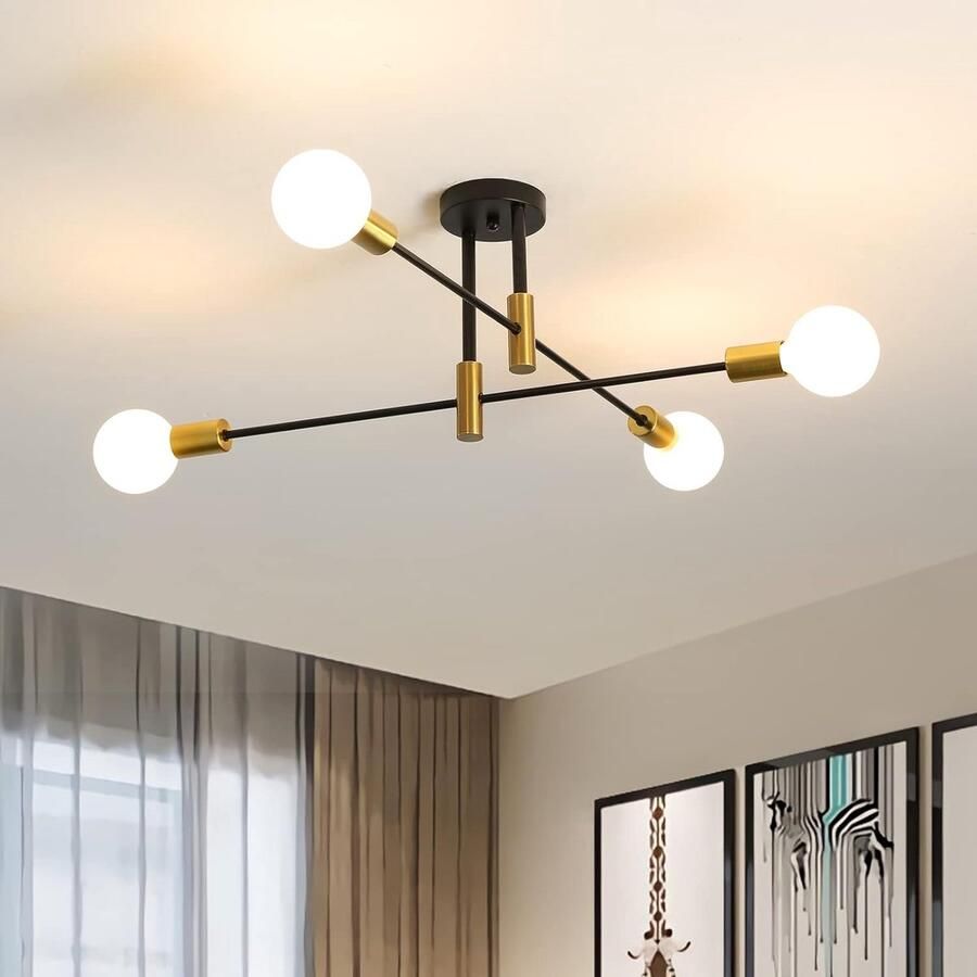 Delaveek -Vintage industriële Kroonluchter- Zwart+Goud -Metaal 4x E27(Lamp niet inbegrepen)