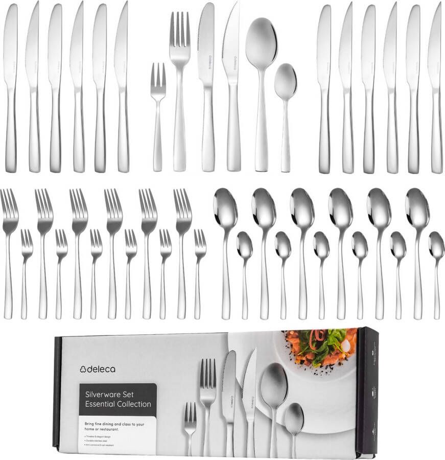 Deleca 6 Persoons Bestekset Essential (36-delig) Lepels Messen Vorken Steakmessen & Gebaksvorkjes Vaatwasserbestendig Bestek Glanzend Zilver Edelstaal