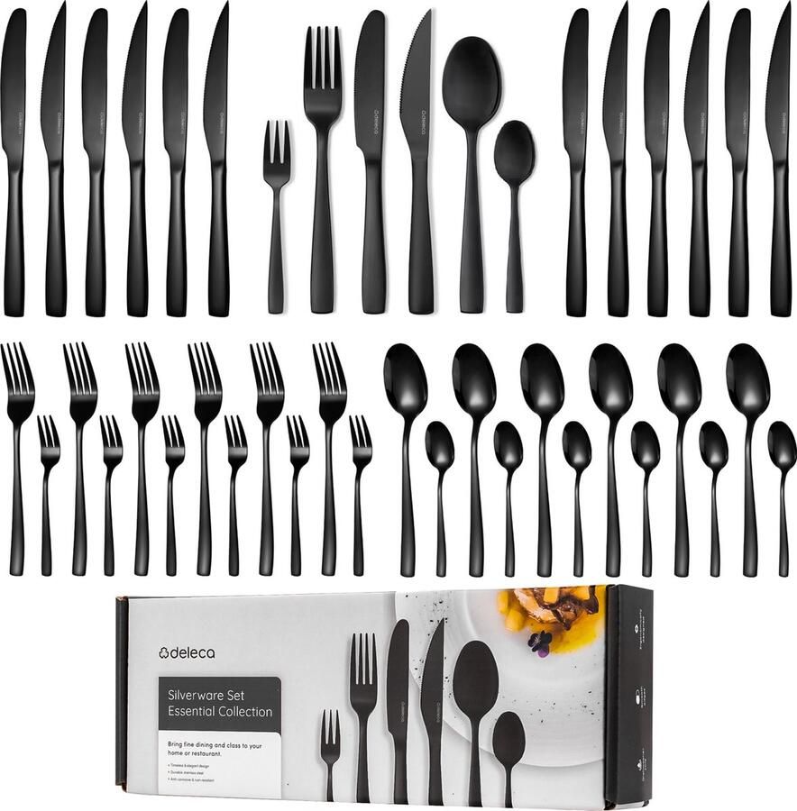 Deleca 6 Persoons Bestekset Essential (36-delig) Lepels Messen Vorken Steakmessen & Gebaksvorkjes Vaatwasserbestendig Bestek Glanzend Zwart Edelstaal