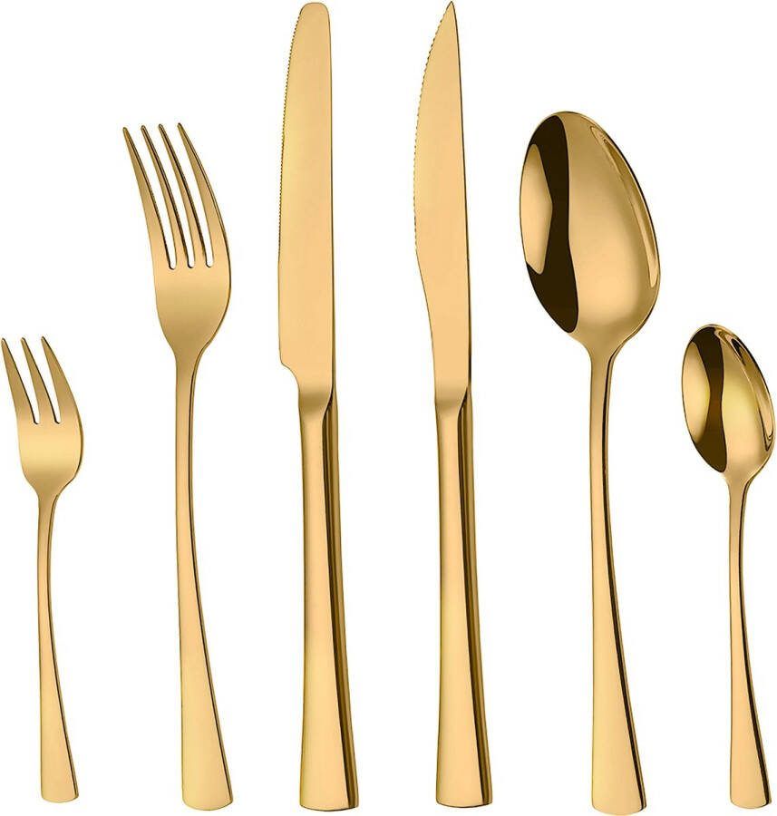 Deleca 6 Persoons Bestekset Harmony Lepels Messen Vorken Steakmessen & Gebaksvorkjes Vaatwasserbestendig Kerst Bestek Goud Edelstaal