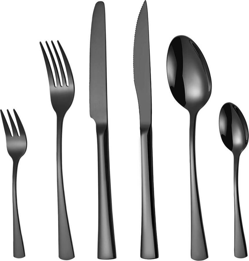 Deleca 6 Persoons Bestekset Harmony Lepels Messen Vorken Steakmessen & Gebaksvorkjes Vaatwasserbestendig Kerst Bestek Zwart Edelstaal