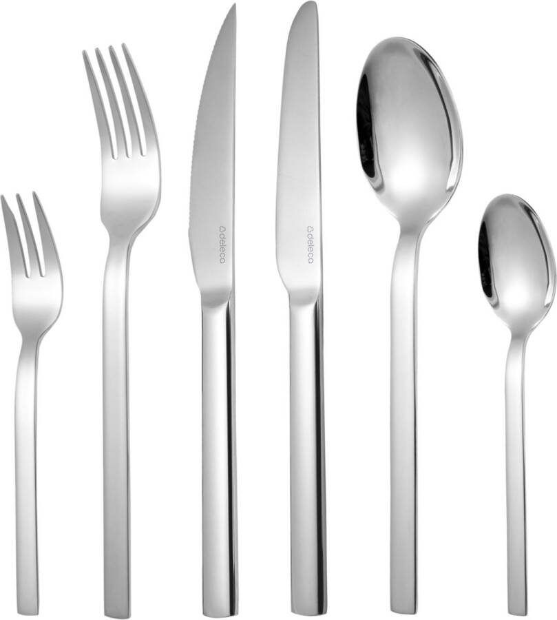 Deleca 6 Persoons Luxe Bestekset Elegantia Lepels Messen Vorken Steakmessen & Gebaksvorkjes Vaatwasserbestendig Kerst Bestek Zilver Edelstaal