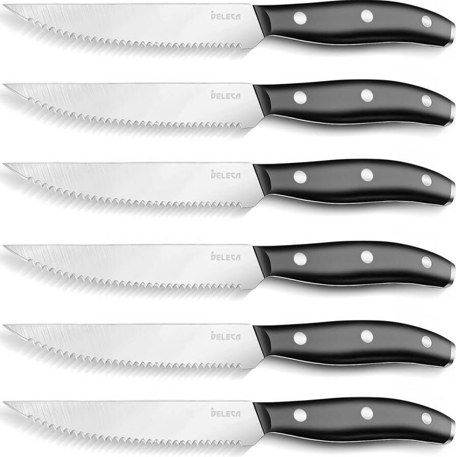 Deleca 6x Steakmessen Vaatwasserbestendig Tafelmessen Messenset Messen Zwart RVS 22 cm