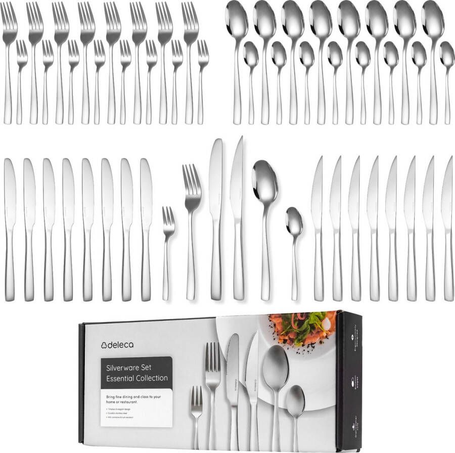 Deleca 8 Persoons Bestekset Essential (48-delig) Lepels Messen Vorken Steakmessen & Gebaksvorkjes Vaatwasserbestendig Bestek Glanzend Zilver Edelstaal