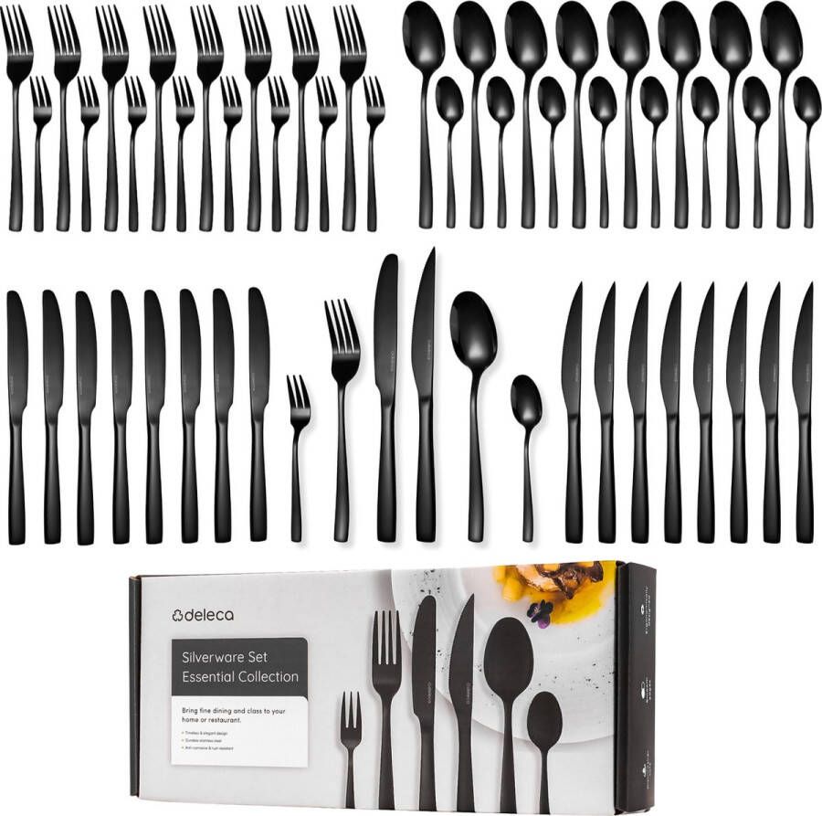 Deleca 8 Persoons Bestekset Essential (48-delig) Lepels Messen Vorken Steakmessen & Gebaksvorkjes Vaatwasserbestendig Bestek Glanzend Zwart Edelstaal