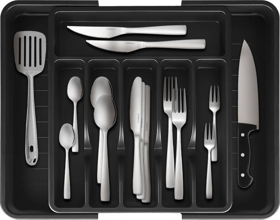Deleca Uitschuifbaar Bestekbak met 8 Vakken Besteklade Organizer Keukenlade Bestek Organiser Bestekhouder Keuken 57 x 38 cm Kunststof Zwart