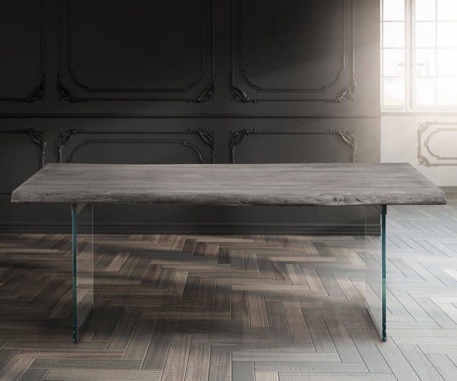 DELIFE Massief houten tafel Life-Edge Acacia Platinum 200x100 boven 3 5 cm glazen poten boomtafel