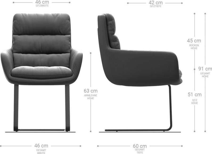 DELIFE Gestoffeerde-stoel Abelia-Flex met armleuning sledemodel vlak roestvrij staal echt leder zwart