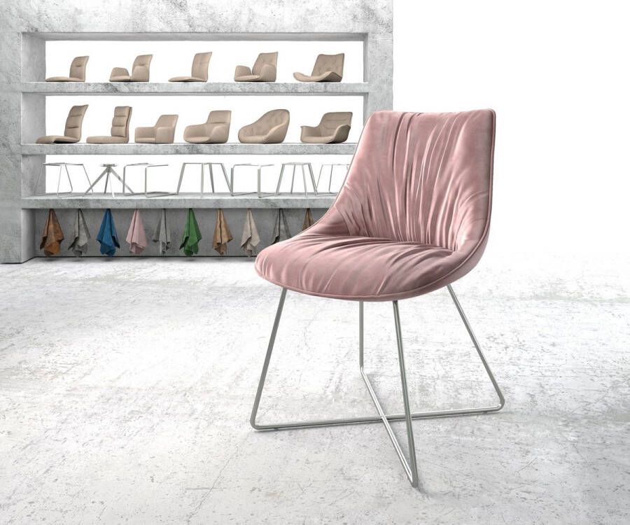 DELIFE Gestoffeerde-stoel Elda-flex X-frame roestvrij staal fluweel rosé