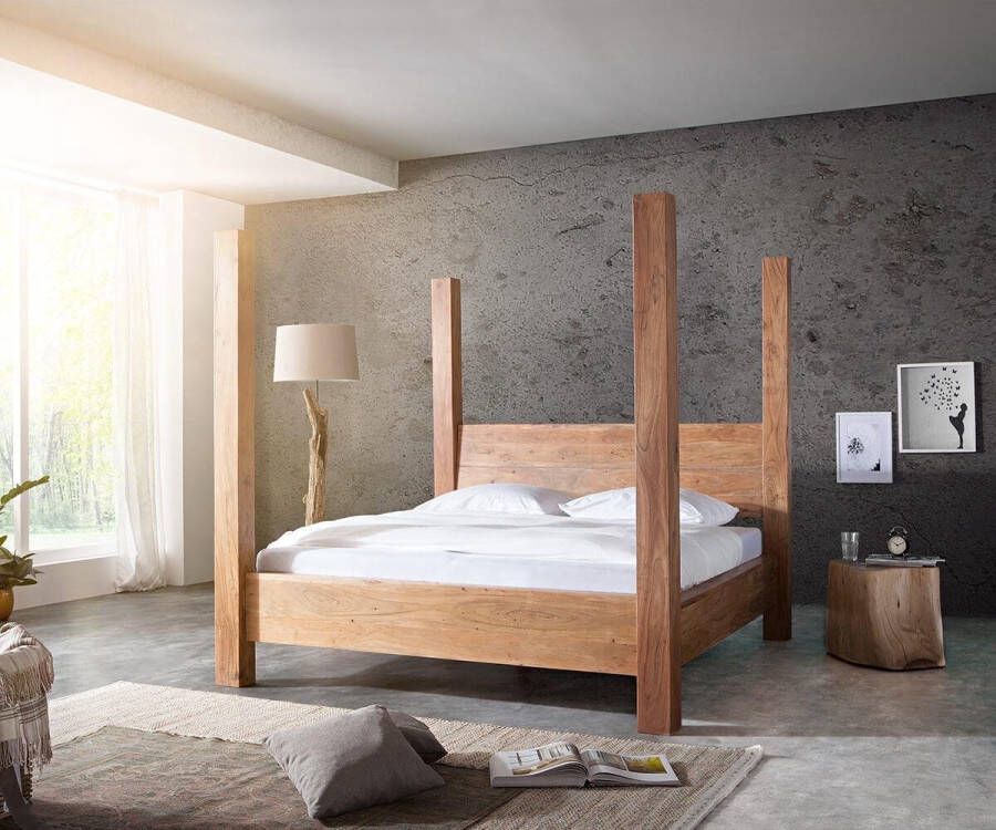 DELIFE Houten bed Blokk acacia natuur 180x200 massief lattenbodem hemelbed Massief houten bed
