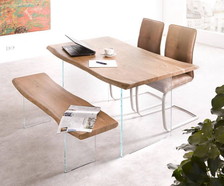 DELIFE Massief houten tafel Live-Edge acacia Natuur 140x90 bovenblad 3 5 cm glazen poten boomtafel