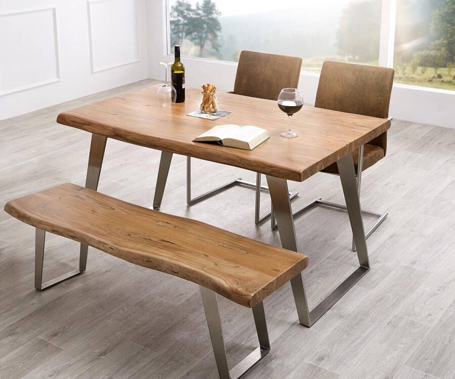 DELIFE Massief houten tafel Live-Edge acacia natuur 140x90 Top 5 cm RVS schuine boomtafel