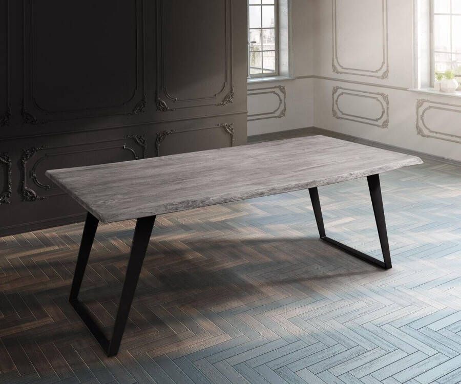 DELIFE Massief houten tafel Live-Edge Acacia Platinum 200x100 bovenblad schuin 3 5cm frame boomtafel