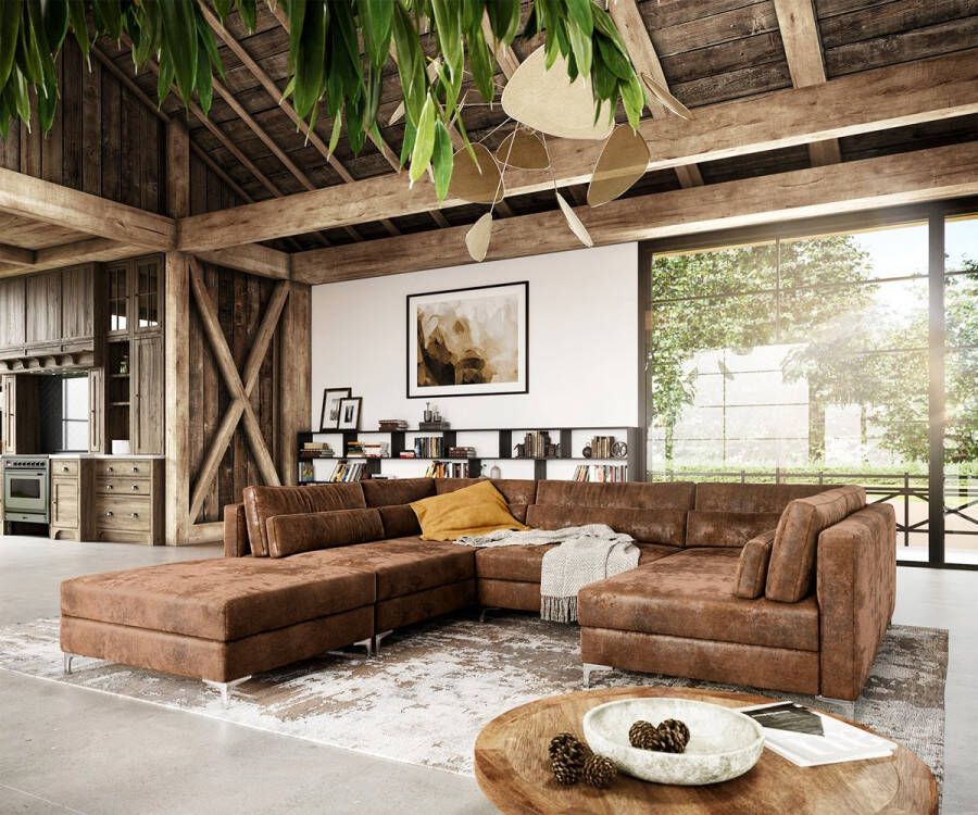 DELIFE Sofa Elio kunstleer vintage bruin vintage 300x185 cm met poef woonlandschap