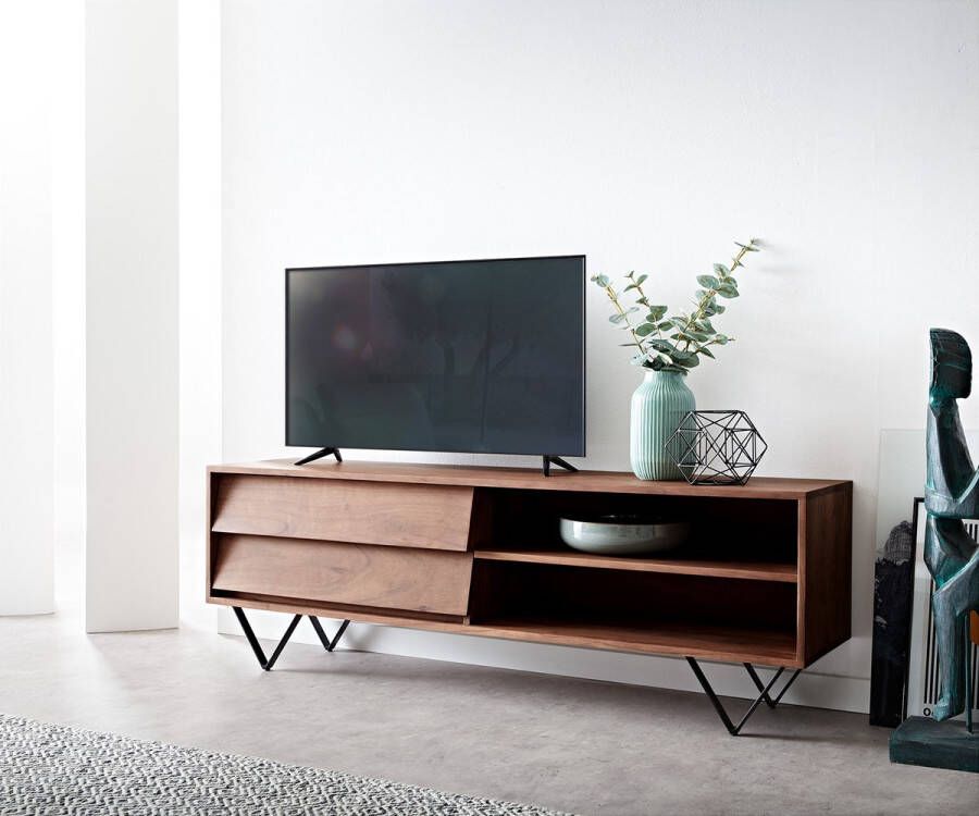 DELIFE TV-meubel Eloi acacia bruin 145x35 cm 2 schuifladen 2 vakken V-poot Zwart