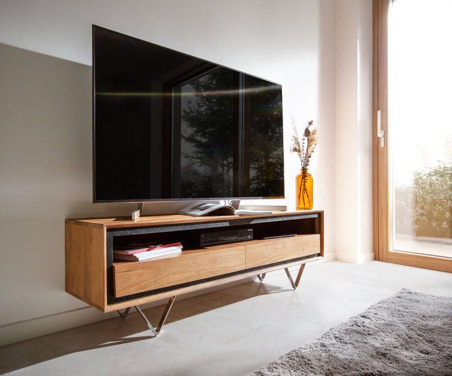 DELIFE Tv-meubel Stonegrace 145 cm acacia natuur 1 legplank 2 laden steenfineer V-voet