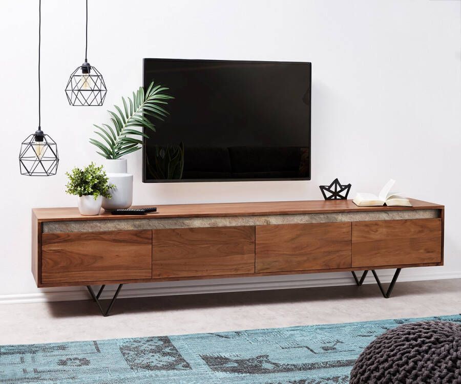 DELIFE Tv-meubel Stonegrace acacia bruin Leisteen 200 cm 4 laden V-poot zwart Tv-meubel
