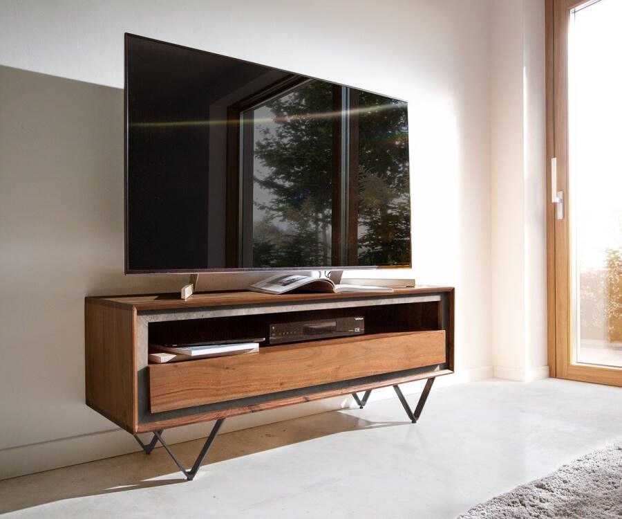 DELIFE Tv-meubel Stonegrace acacia bruin steenfineer 120 cm 1 lade 1 legplank V-poot zwart Tv-meubel