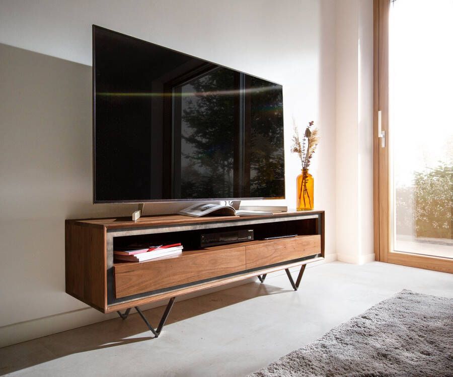 DELIFE Tv-meubel Stonegrace acacia bruin steenfineer 145 cm 2 laden 1 legplank V-poot zwart Tv-meubel