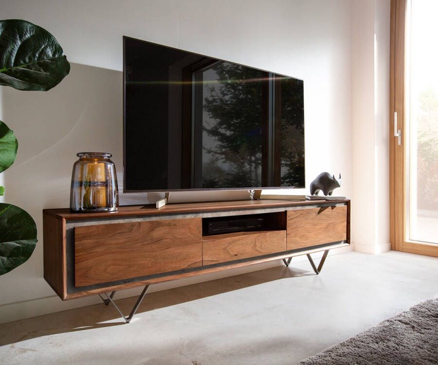DELIFE Tv-meubel Stonegrace acacia bruin steenfineer 175 cm 2 deuren 1 lade 1 legplank V-poot zwart Tv-meubel