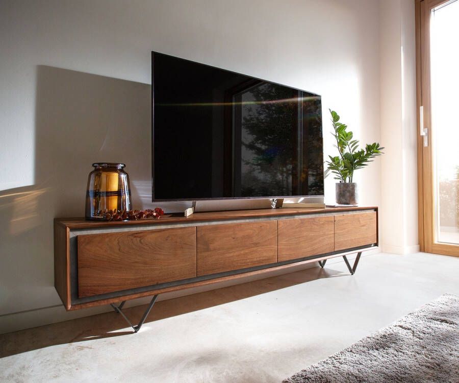 DELIFE Tv-meubel Stonegrace acacia bruin steenfineer 200 cm 4 deuren V-poot zwart Tv-meubel