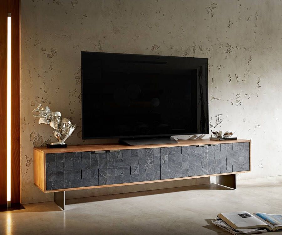 DELIFE TV-meubel Teele acacia leisteen natuur 200 cm 4 deuren poot zwevend roestvrij staal